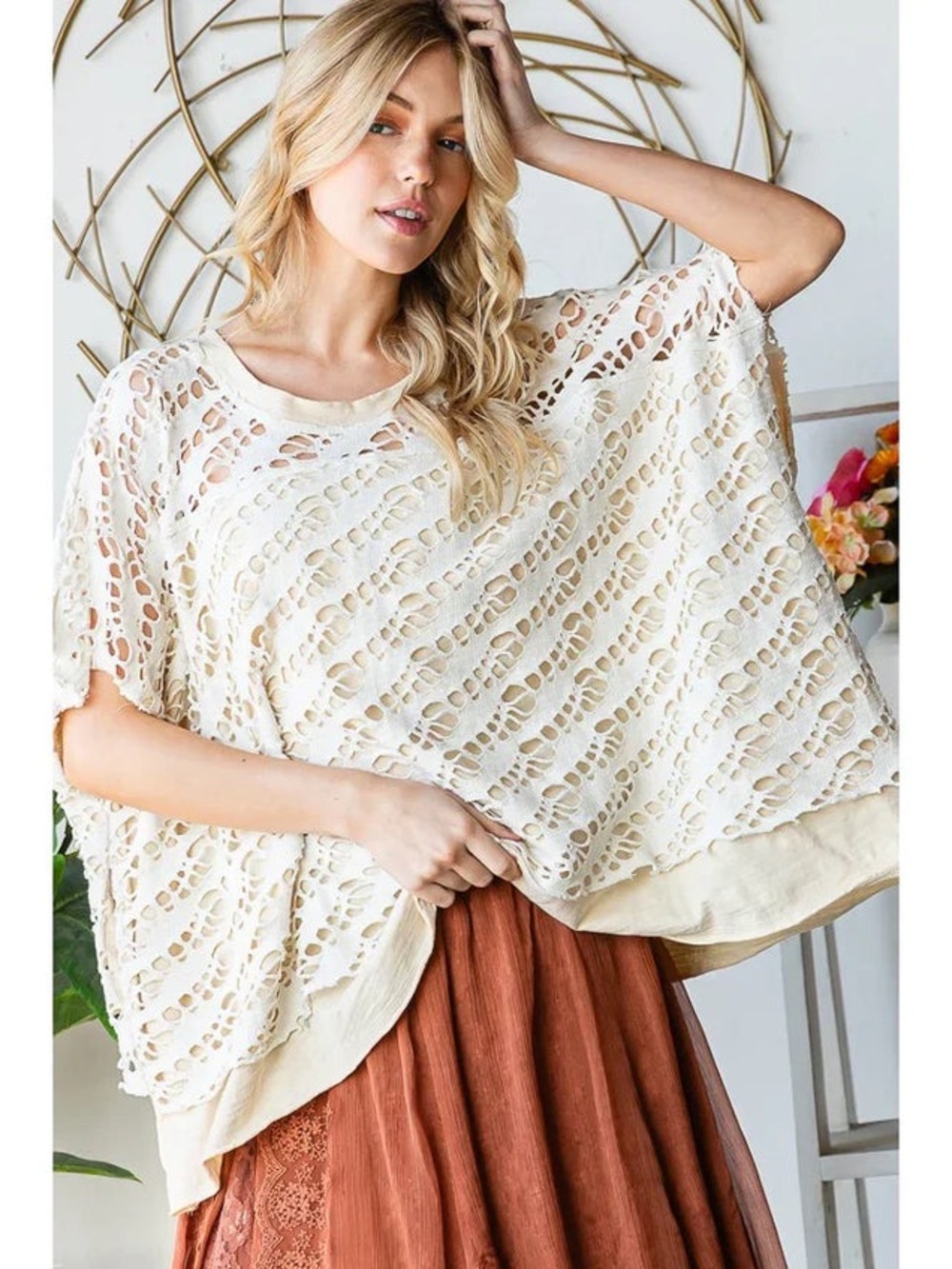 Oli & Hali cream mesh lined poncho top